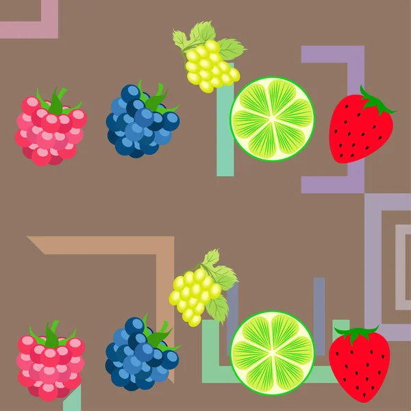 Fruits and berries. Colorful cartoon fruit icons: blackberry, raspberry, grape, strawberr, lime. Vector background. — ストックベクタ