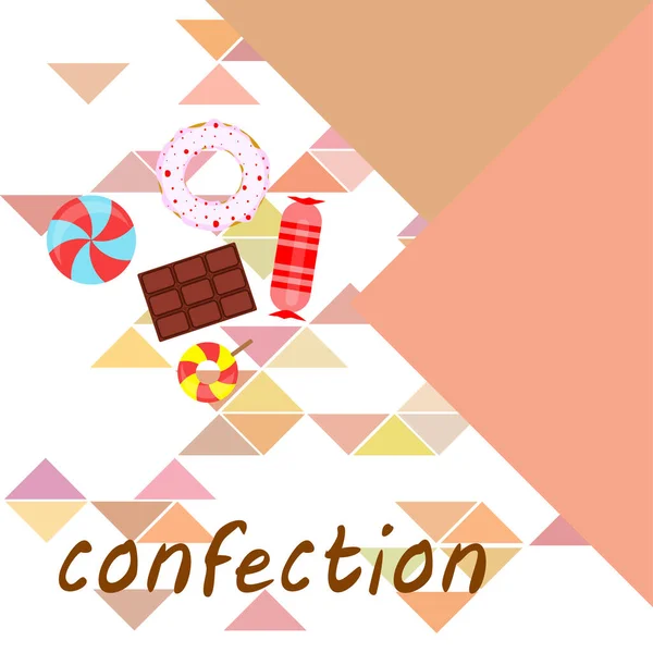 Různé sladkosti barevné pozadí. Lízátka, čokoládová tyčinka, bonbóny, koblihy, vektorové pozadí. — Stockový vektor
