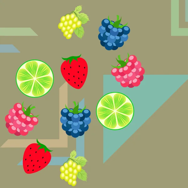 과실 과 열매가 있노라. 다채 로운 색깔의 과일 아이콘: 블랙베리, 라즈베리, 포도, 딸기, 라임. 벡터 배경. — 스톡 벡터