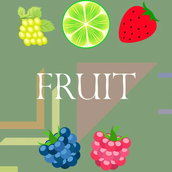 Frutas y bayas. Iconos coloridos de frutas de dibujos animados: mora, frambuesa, uva, fresa, lima. Fondo vectorial . — Archivo Imágenes Vectoriales