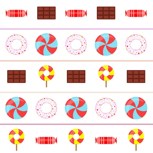 さまざまなお菓子のカラフルな背景。ロリポップ、チョコレートバー、キャンディー、ドーナツ、ベクトルの背景 — ストックベクタ