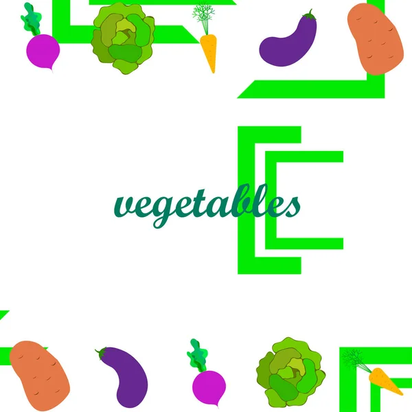 Cabbage, beets, carrots, eggplants, potatoes, fresh vegetables. Organic food poster. Farmer market design. Vector background. — Stock vektor