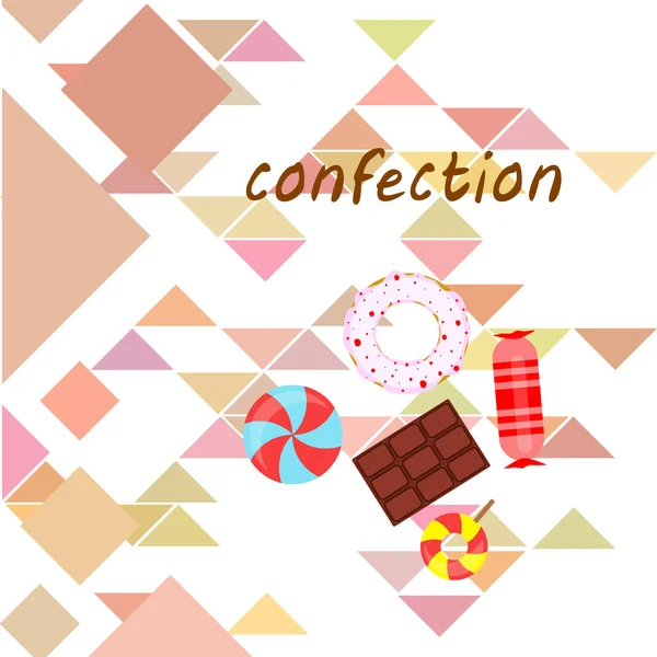 Doces diferentes fundo colorido. Lollipops, barra de chocolate, doces, rosquinha, fundo vetorial . —  Vetores de Stock