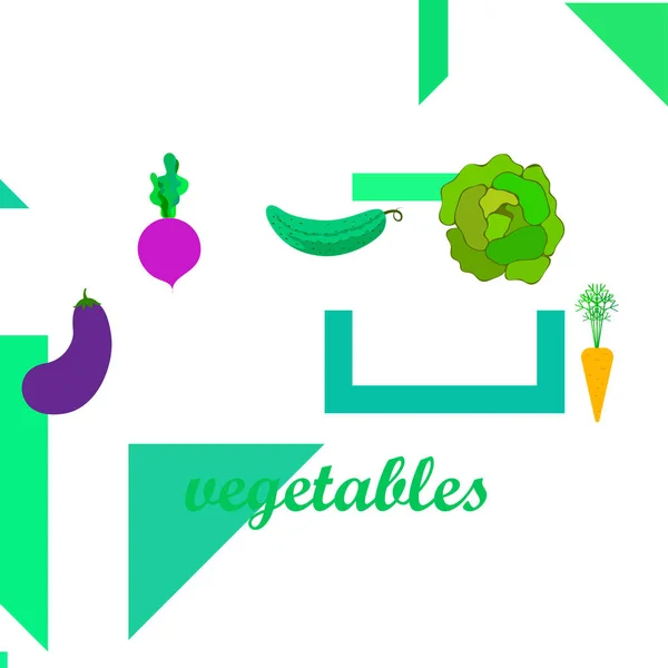 Chou, betterave, carotte, aubergine, concombre, légumes frais. Affiche alimentaire biologique. Aménagement du marché agricole. Fond vectoriel . — Image vectorielle