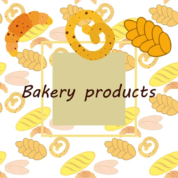 Bageri produkter banner, vektor illustration. Vetebröd, kringla, ciabatta, croissant, fransk baguette — Stock vektor