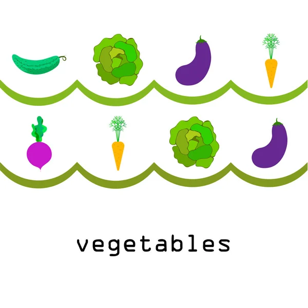 Col, remolacha, zanahoria, berenjena, pepino, verduras frescas. Cartel de alimentos orgánicos. Diseño del mercado de agricultores. Fondo vectorial . — Vector de stock