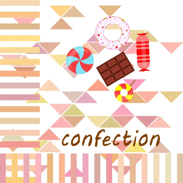 Diversi dolci sfondo colorato. lecca-lecca, barretta di cioccolato, caramelle, ciambella, sfondo vettoriale . — Vettoriale Stock