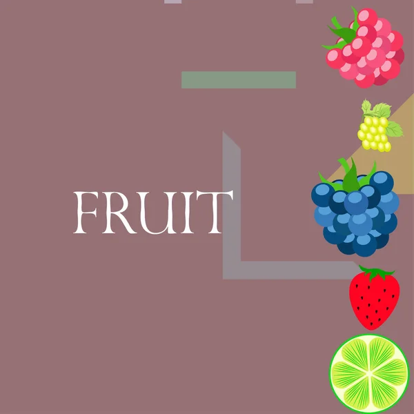 Frutas y bayas. Iconos coloridos de frutas de dibujos animados: mora, frambuesa, uva, fresa, lima. Fondo vectorial . — Archivo Imágenes Vectoriales