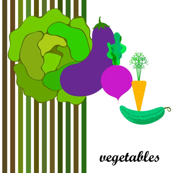 Col, remolacha, zanahoria, berenjena, pepino, verduras frescas. Cartel de alimentos orgánicos. Diseño del mercado de agricultores. Fondo vectorial . — Vector de stock