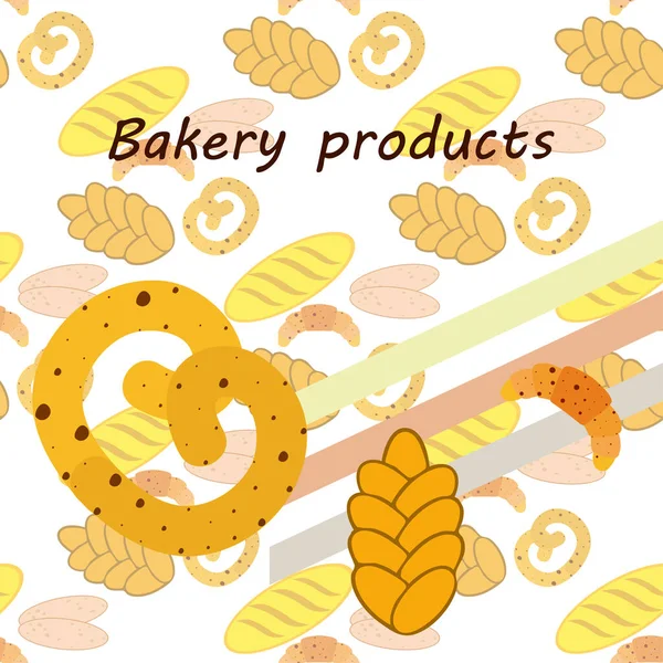 Bannière produits de boulangerie, illustration vectorielle. Pain de blé, bretzel, ciabatta, croissant, baguette française — Image vectorielle