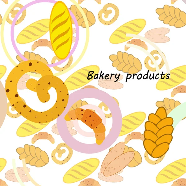 Banner für Backwaren, Vektorillustration. Weizenbrot, Brezel, Ciabatta, Croissant, französisches Baguette — Stockvektor