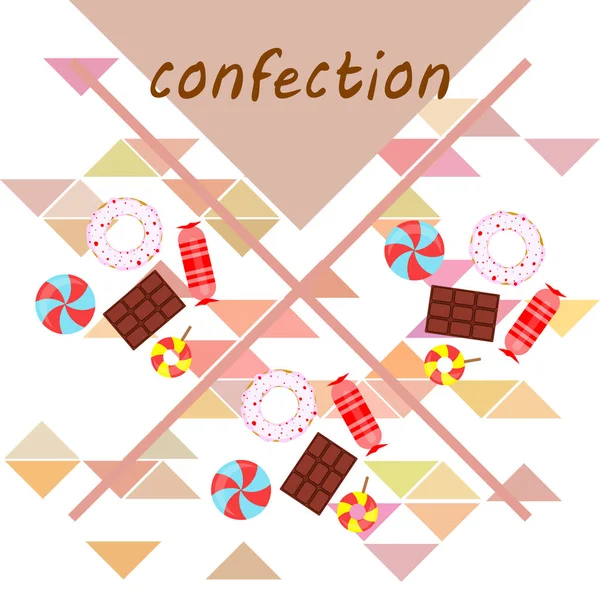 Diferentes dulces fondo colorido. Piruletas, barra de chocolate, caramelos, donut, vector de fondo . — Archivo Imágenes Vectoriales