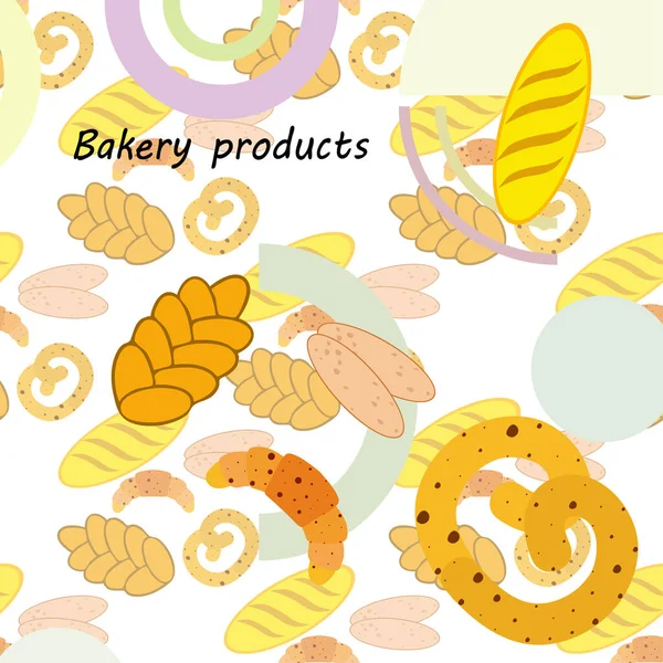 Bakery products banner, vector illustration. Wheat bread, pretzel, ciabatta, croissant, french baguette — Stock Vector