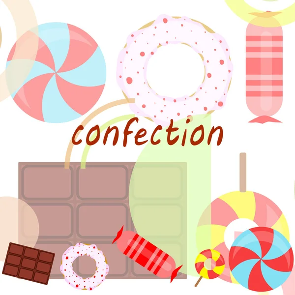 Different sweets colorful background. Lollipops, chocolate bar, candies, donut, vector background. — Stock Vector