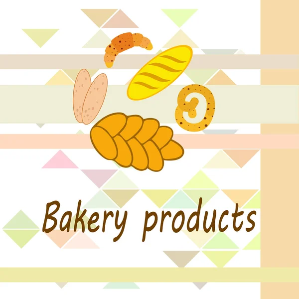 Baner produktów piekarniczych, ilustracja wektorowa. Chleb pszenny, precel, ciabatta, rogalik, bagietka francuska — Wektor stockowy