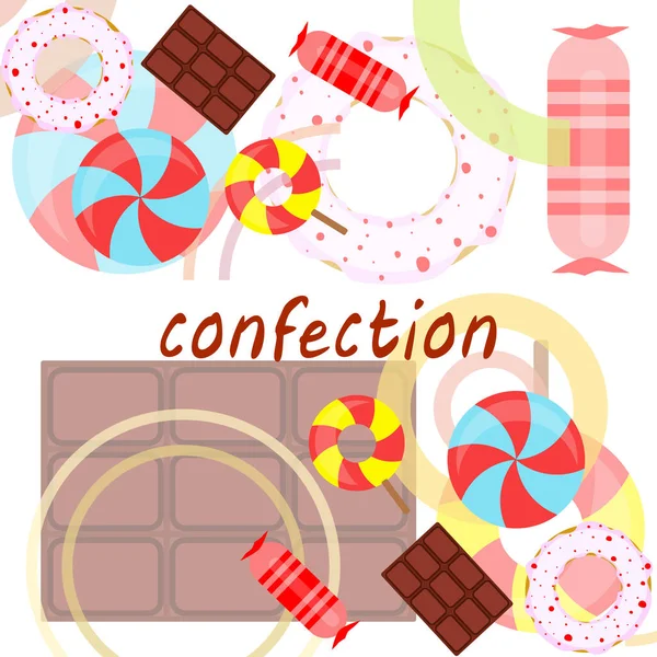 Doces diferentes fundo colorido. Lollipops, barra de chocolate, doces, rosquinha, fundo vetorial . —  Vetores de Stock