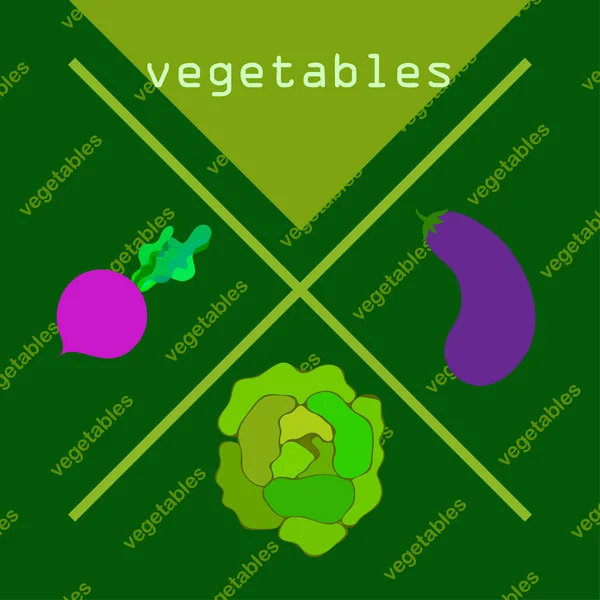 Col, berenjena, remolacha, verduras frescas. Cartel de alimentos orgánicos. Diseño del mercado de agricultores. Fondo vectorial . — Vector de stock