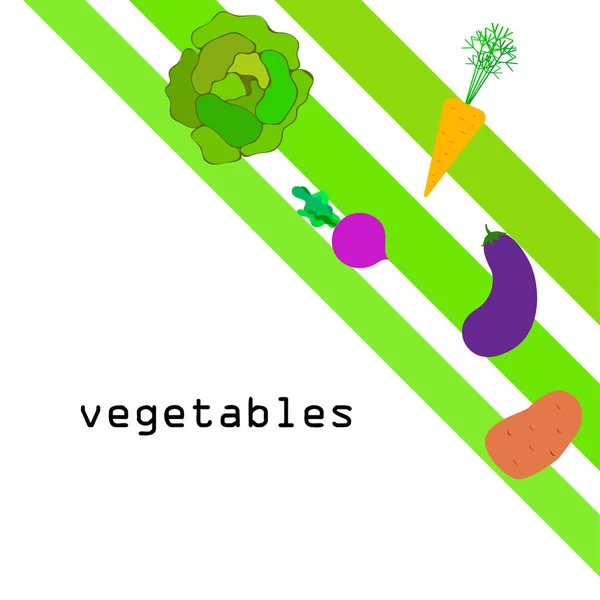 Chou, betteraves, carottes, aubergines, pommes de terre, légumes frais. Affiche alimentaire biologique. Aménagement du marché agricole. Fond vectoriel . — Image vectorielle