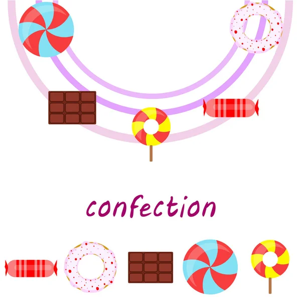 Diferentes dulces fondo colorido. Piruletas, barra de chocolate, caramelos, donut, vector de fondo . — Archivo Imágenes Vectoriales