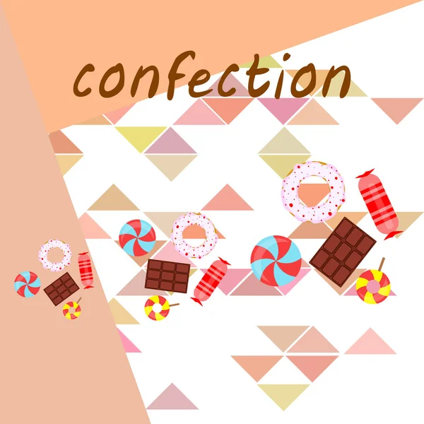 Diferentes dulces fondo colorido. Piruletas, barra de chocolate, caramelos, donut, vector de fondo . — Archivo Imágenes Vectoriales