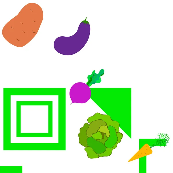 Kool, bieten, wortelen, aubergines, aardappelen, verse groenten. Biologisch voedsel poster. Landbouwmarktordening. Vectorachtergrond. — Stockvector