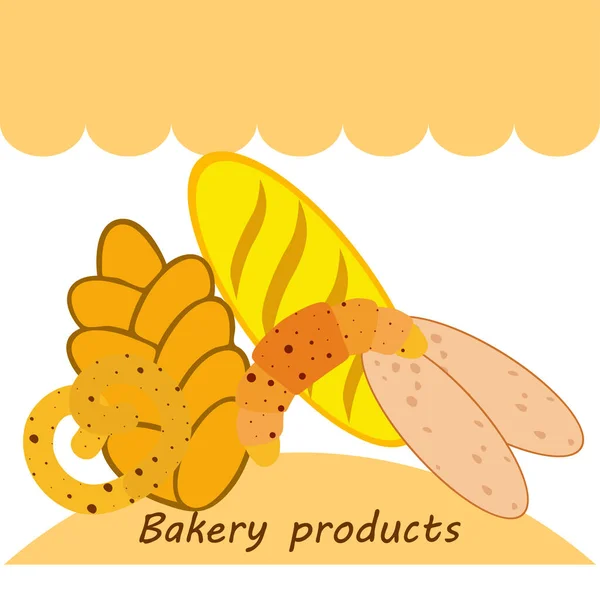 Banner de produtos de padaria, ilustração vetorial. Pão de trigo, pretzel, ciabatta, croissant, baguete francês — Vetor de Stock