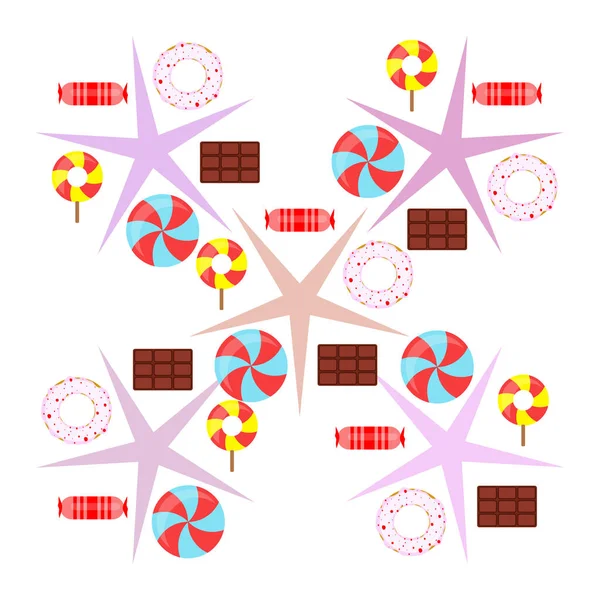 Diferentes dulces fondo colorido. Piruletas, barra de chocolate, caramelos, donut, vector de fondo — Archivo Imágenes Vectoriales