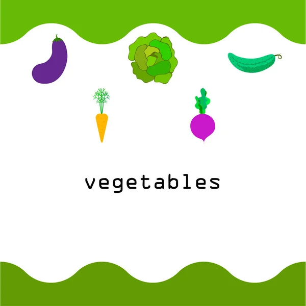 Chou, betterave, carotte, aubergine, concombre, légumes frais. Affiche alimentaire biologique. Aménagement du marché agricole. Fond vectoriel . — Image vectorielle
