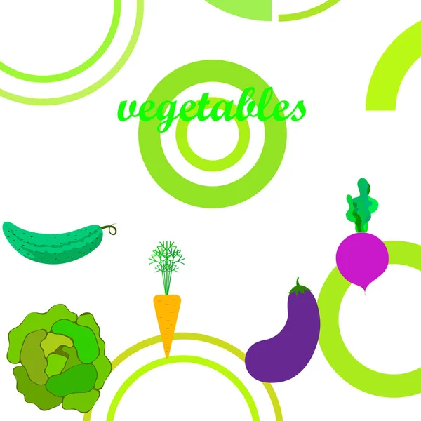 Chou, betterave, carotte, aubergine, concombre, légumes frais. Affiche alimentaire biologique. Aménagement du marché agricole. Fond vectoriel . — Image vectorielle