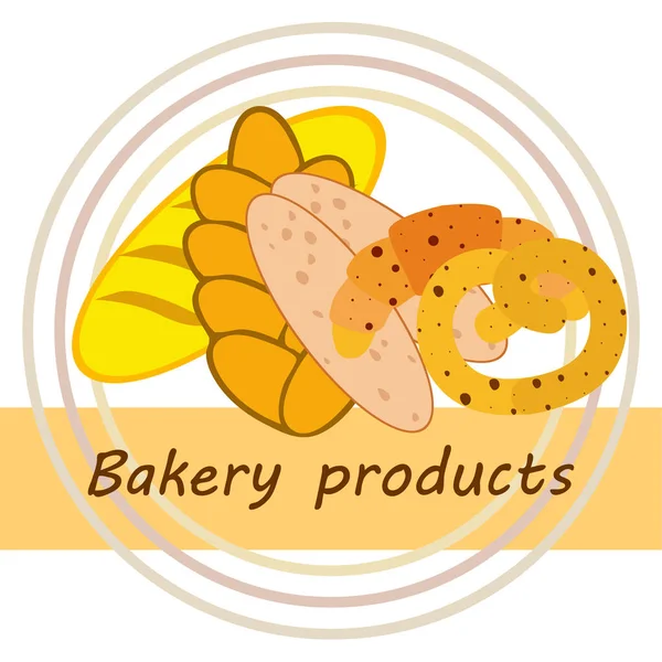 Panadería banner productos, ilustración de vectores. Pan de trigo, pretzel, ciabatta, croissant, baguette francés — Archivo Imágenes Vectoriales