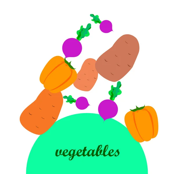 Čerstvá zelenina. Paprika, řepa, brambory. Ekologický plakát s jídlem. Farmers market design. Vektor. — Stockový vektor