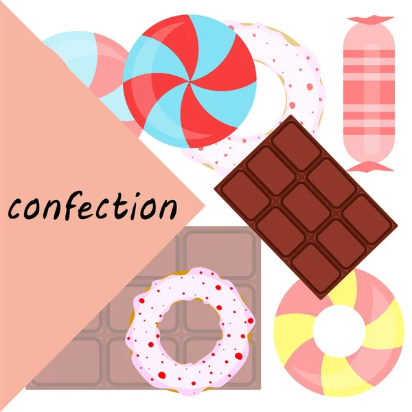 Different sweets colorful background. Lollipops, chocolate bar, candies, donut, vector background. — Stock Vector