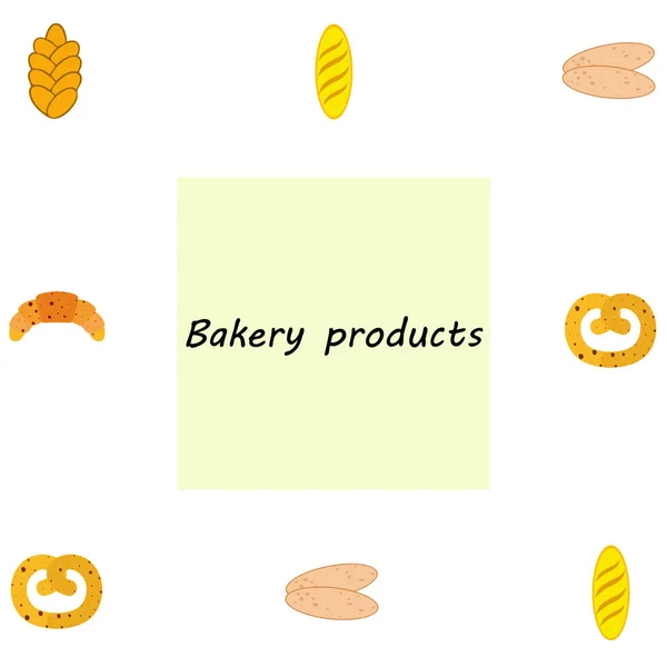 Banner de produtos de padaria, ilustração vetorial. Pão de trigo, pretzel, ciabatta, croissant, baguete francês —  Vetores de Stock