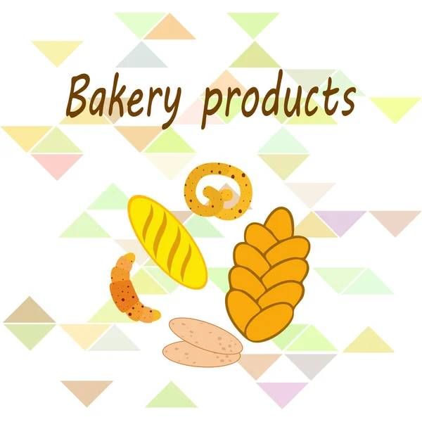 Panadería banner productos, ilustración de vectores. Pan de trigo, pretzel, ciabatta, croissant, baguette francés — Vector de stock