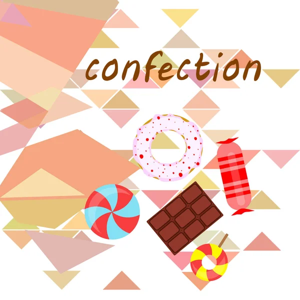 Doces diferentes fundo colorido. Lollipops, barra de chocolate, doces, rosquinha, fundo vetorial . —  Vetores de Stock