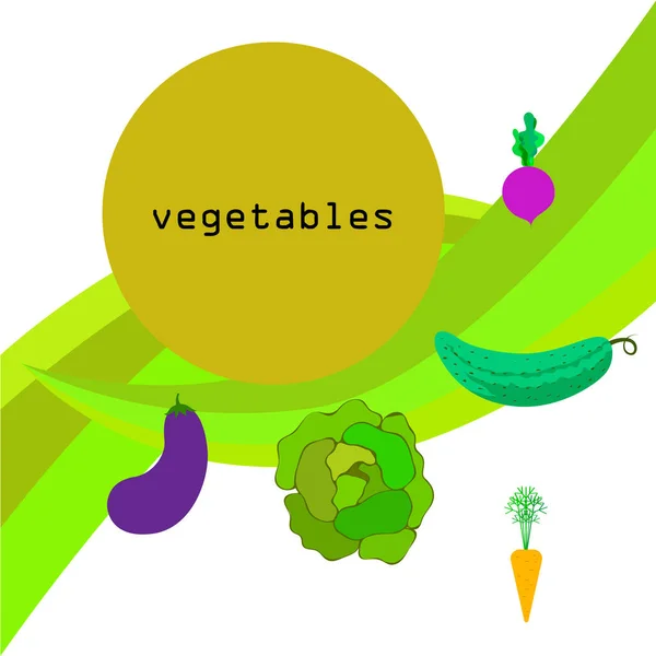 Col, remolacha, zanahoria, berenjena, pepino, verduras frescas. Cartel de alimentos orgánicos. Diseño del mercado de agricultores. Fondo vectorial . — Vector de stock