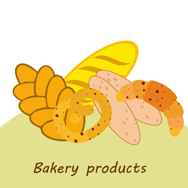 Banner de produtos de padaria, ilustração vetorial. Pão de trigo, pretzel, ciabatta, croissant, baguete francês —  Vetores de Stock