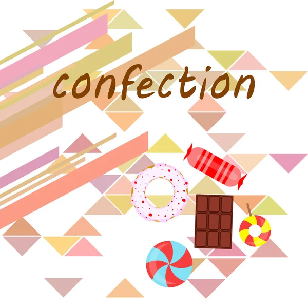 Diferentes dulces fondo colorido. Piruletas, barra de chocolate, caramelos, donut, vector de fondo . — Vector de stock