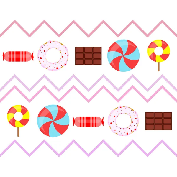 Verschillende snoepjes kleurrijke achtergrond. Lollipops, chocoladereep, snoepjes, donut, vectorachtergrond — Stockvector