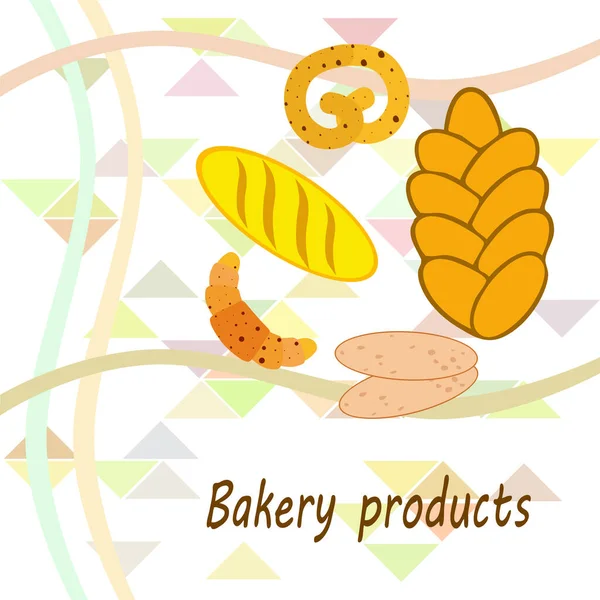 Panadería banner productos, ilustración de vectores. Pan de trigo, pretzel, ciabatta, croissant, baguette francés — Vector de stock