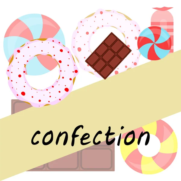 Diferentes dulces fondo colorido. Piruletas, barra de chocolate, caramelos, donut, vector de fondo . — Archivo Imágenes Vectoriales