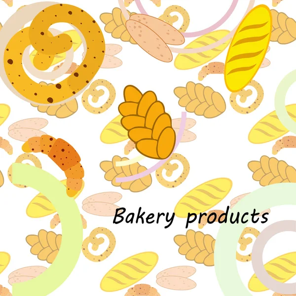 Panificio banner prodotti, illustrazione vettoriale. Pane di grano, pretzel, ciabatta, croissant, baguette alla francese — Vettoriale Stock