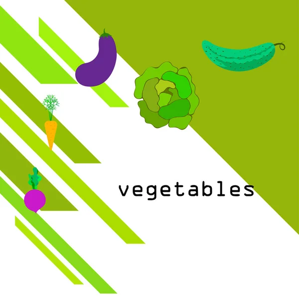 Col, remolacha, zanahoria, berenjena, pepino, verduras frescas. Cartel de alimentos orgánicos. Diseño del mercado de agricultores. Fondo vectorial . — Vector de stock