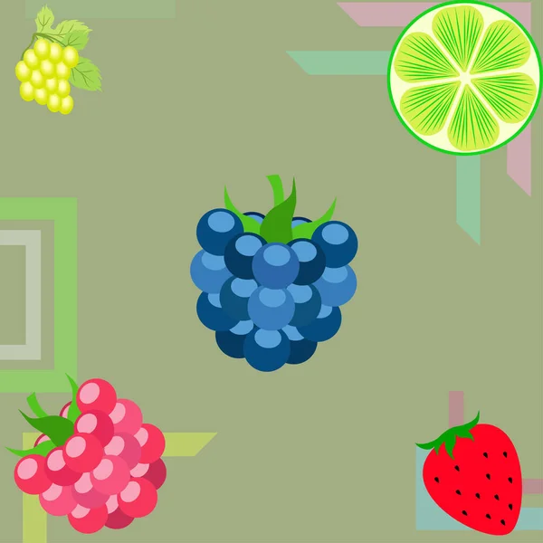 Frutas y bayas. Iconos coloridos de frutas de dibujos animados: mora, frambuesa, uva, fresa, lima. Fondo vectorial . — Vector de stock