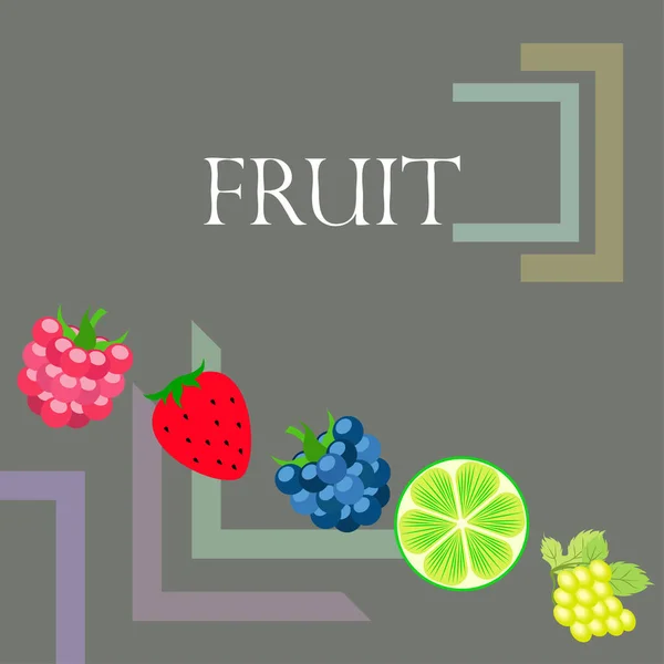 Frukt och bär. Färgglada tecknad frukt ikoner: björnbär, hallon, druva, jordgubbe, lime. Vektor bakgrund. — Stock vektor
