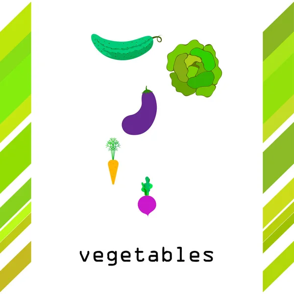 Col, remolacha, zanahoria, berenjena, pepino, verduras frescas. Cartel de alimentos orgánicos. Diseño del mercado de agricultores. Fondo vectorial . — Vector de stock