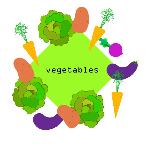 Col, remolacha, zanahorias, berenjenas, patatas, verduras frescas. Cartel de alimentos orgánicos. Diseño del mercado de agricultores. Fondo vectorial . — Archivo Imágenes Vectoriales