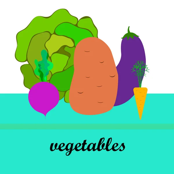 Zelí, řepa, mrkev, lilky, brambory, čerstvá zelenina. Ekologický plakát s jídlem. Návrh farmářského trhu. Pozadí vektoru. — Stockový vektor