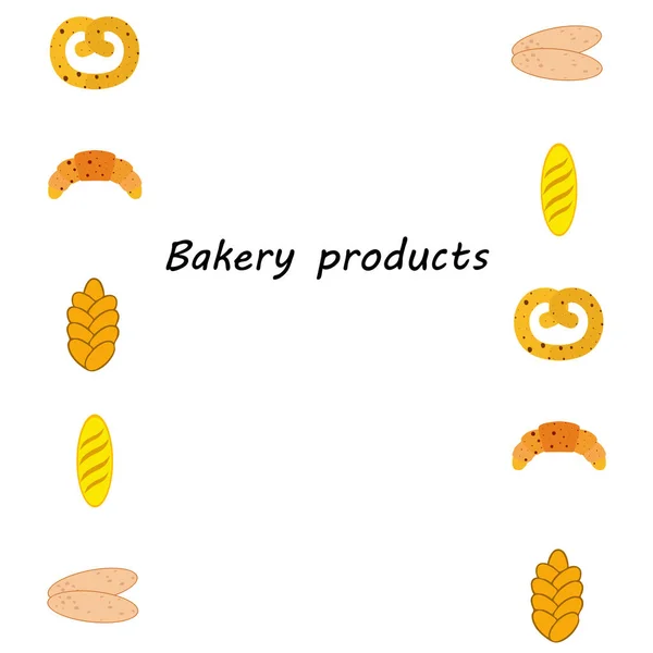 Banner de produtos de padaria, ilustração vetorial. Pão de trigo, pretzel, ciabatta, croissant, baguete francês — Vetor de Stock