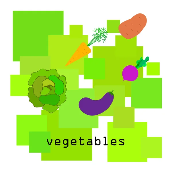 Kubis, bit, wortel, terong, kentang, sayuran segar. Poster makanan organik. Desain pasar petani. Latar belakang vektor . - Stok Vektor